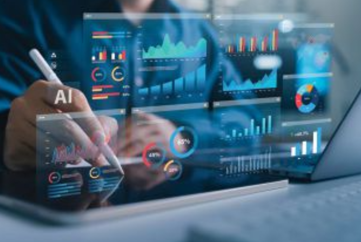 An advisor reviewing AI-driven portfolio analytics across multiple dashboards